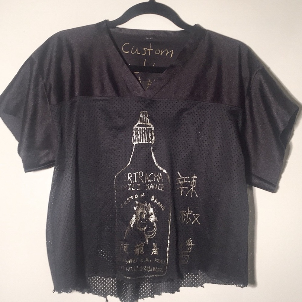 Black Mesh Crop Top with Sriracha Sauce Design